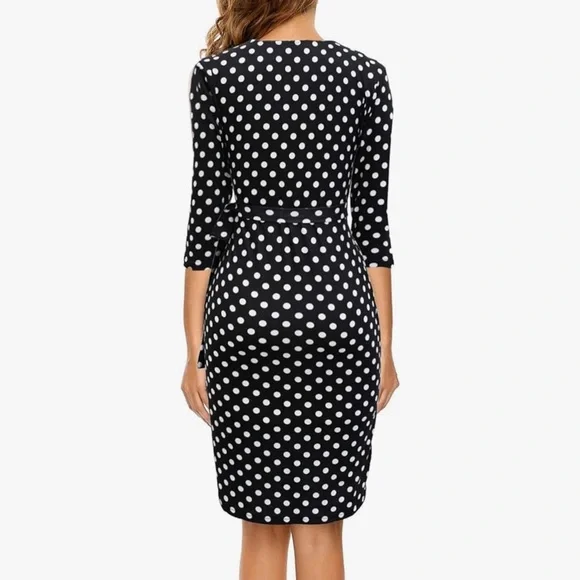 Berydress Women's Classic 3/4 Sleeve V Neck Sheath Black Polka Dot Dress - Picture 2 of 6